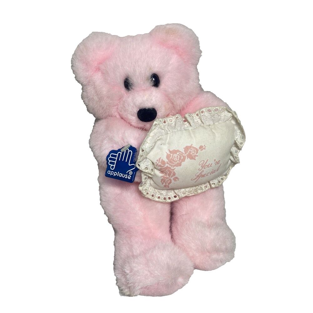 RARE Applause Pink Teddy Bear  Holding Plush Pillow Plastic Tag 11 in Vintage